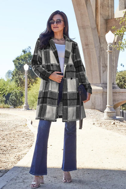 Trendsi full size lapel collar coat in a stylish plaid pattern worn over denim flared pants