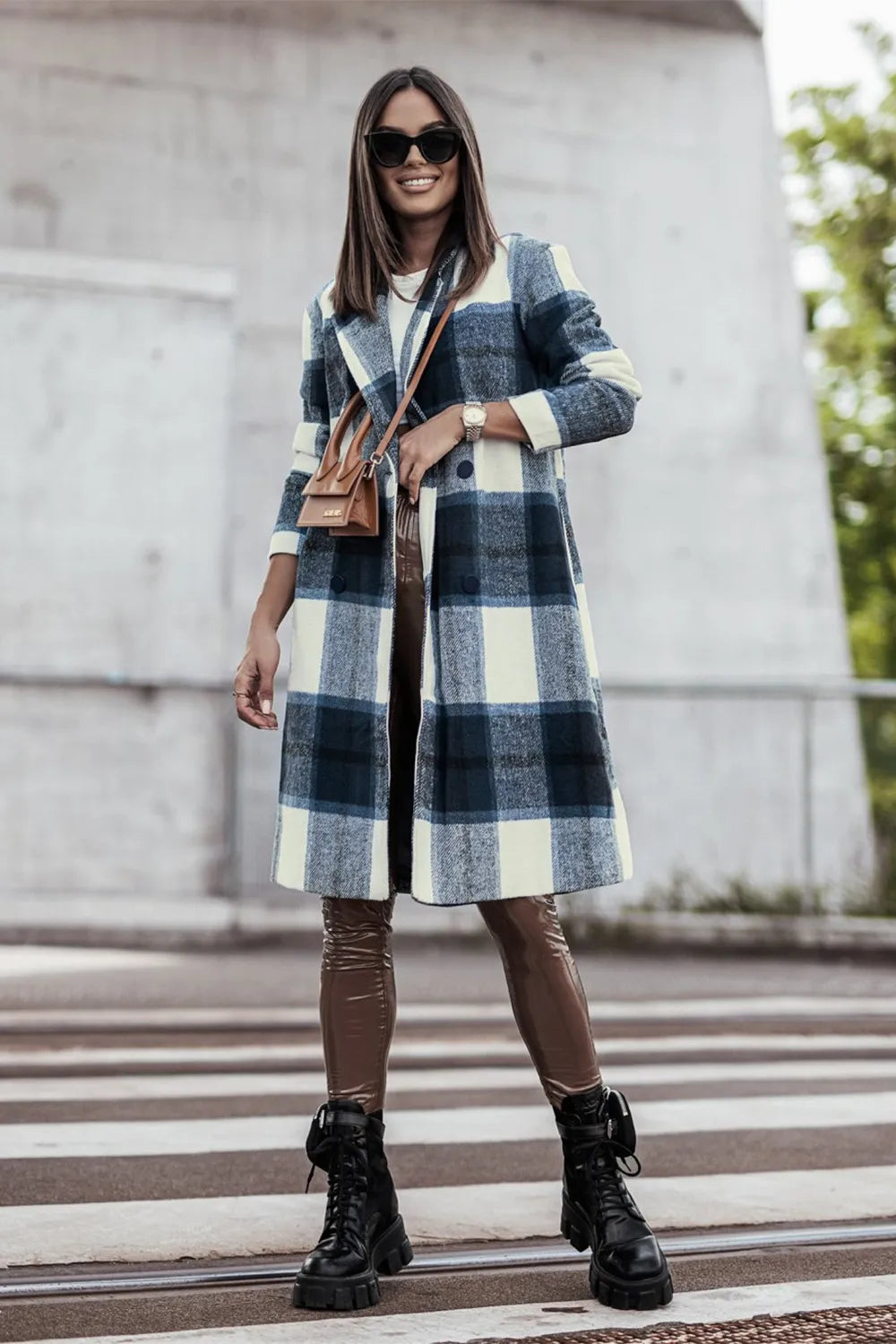 Trendsi full size lapel collar coat in plaid pattern, styled with a modern outfit and sunglasses