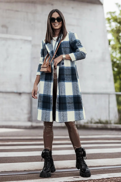 Trendsi full size lapel collar coat in plaid pattern, styled with a modern outfit and sunglasses