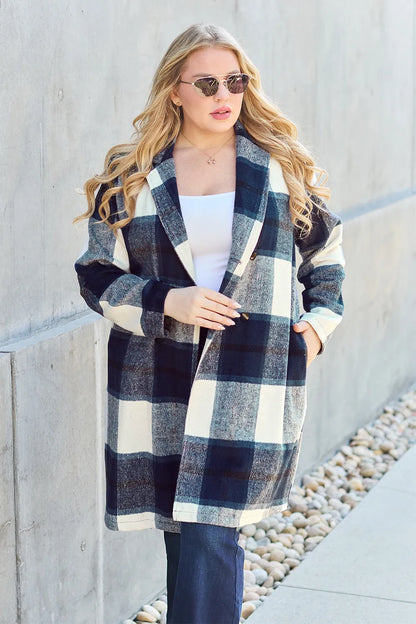 Trendsi full size lapel collar coat in plaid pattern with spacious pockets and stylish design