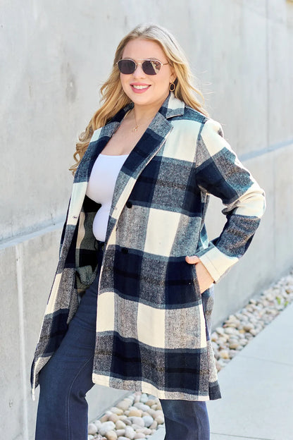 Trendsi full size lapel collar coat in plaid pattern, ideal for stylish layering in cooler weather.