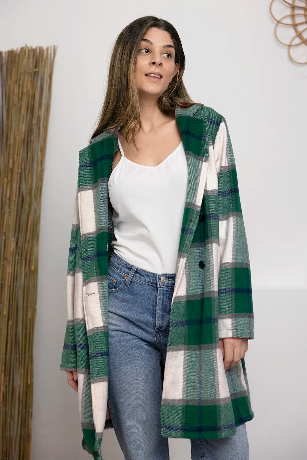 Trendsi Full Size Lapel Collar Coat in Green and White Plaid Design for Stylish Layering