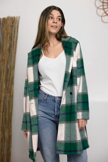 Trendsi Full Size Lapel Collar Coat in Green and White Plaid Design for Stylish Layering