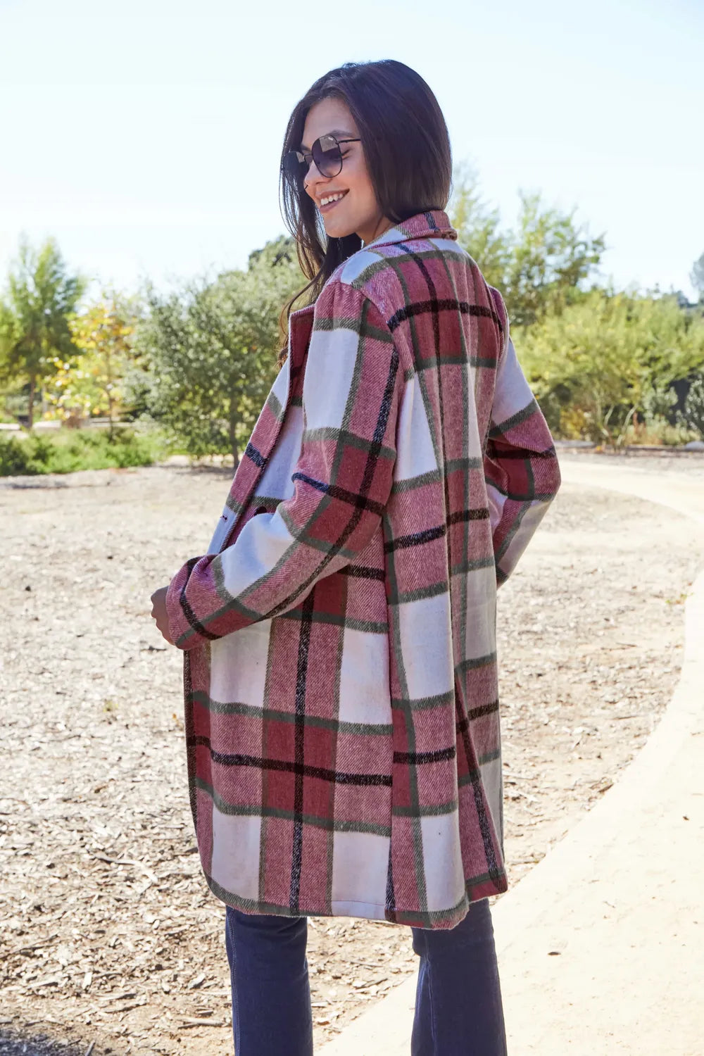 Trendsi full size lapel collar coat in a stylish plaid design, perfect for casual outings