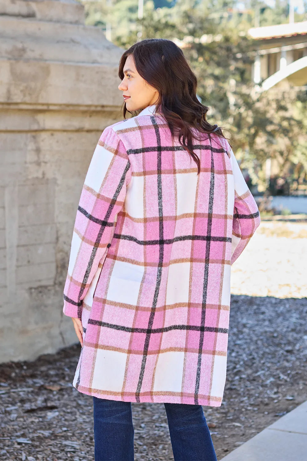 Trendsi full size lapel collar coat in pink plaid for a stylish and cozy look