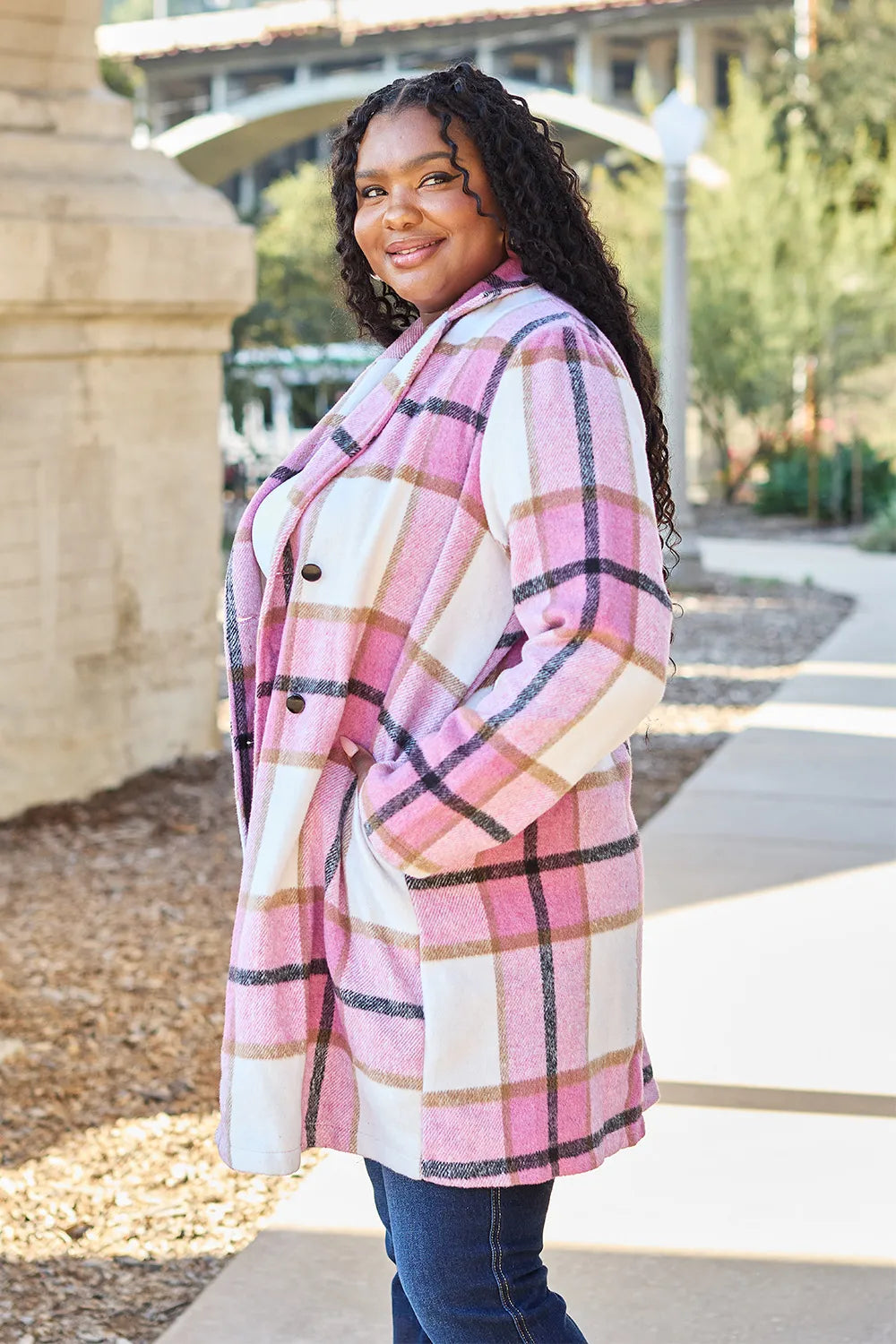 Trendsi full size lapel collar coat in pink plaid design with double-breasted buttons