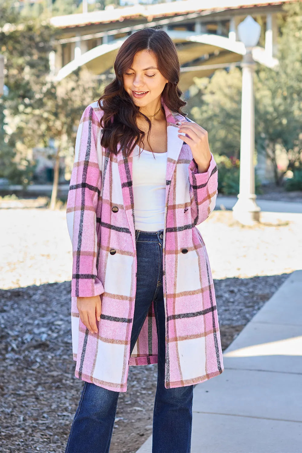 Trendsi full size lapel collar coat in pink plaid pattern, featuring button details and a stylish design