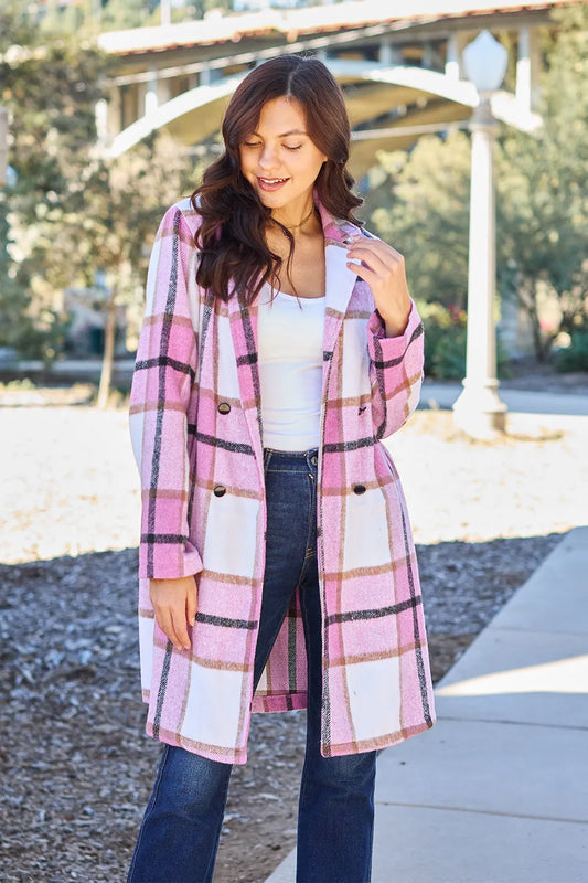 Trendsi full size lapel collar coat in pink plaid pattern, featuring button details and a stylish design