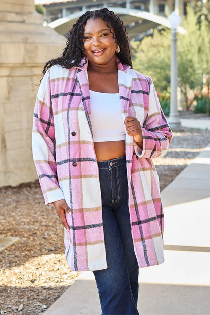 Trendsi full size lapel collar coat in pink and white plaid pattern, perfect for stylish layering