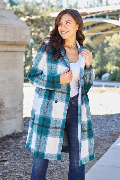 Trendsi full size lapel collar coat in teal and white plaid design, perfect for stylish layering