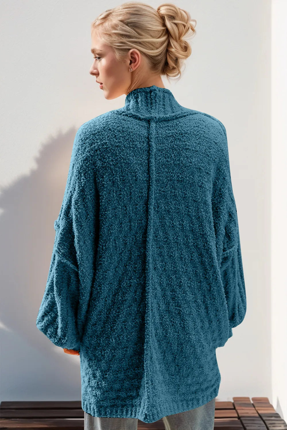 Trendsi full size long sleeve cardigan in blue with a relaxed fit and textured design
