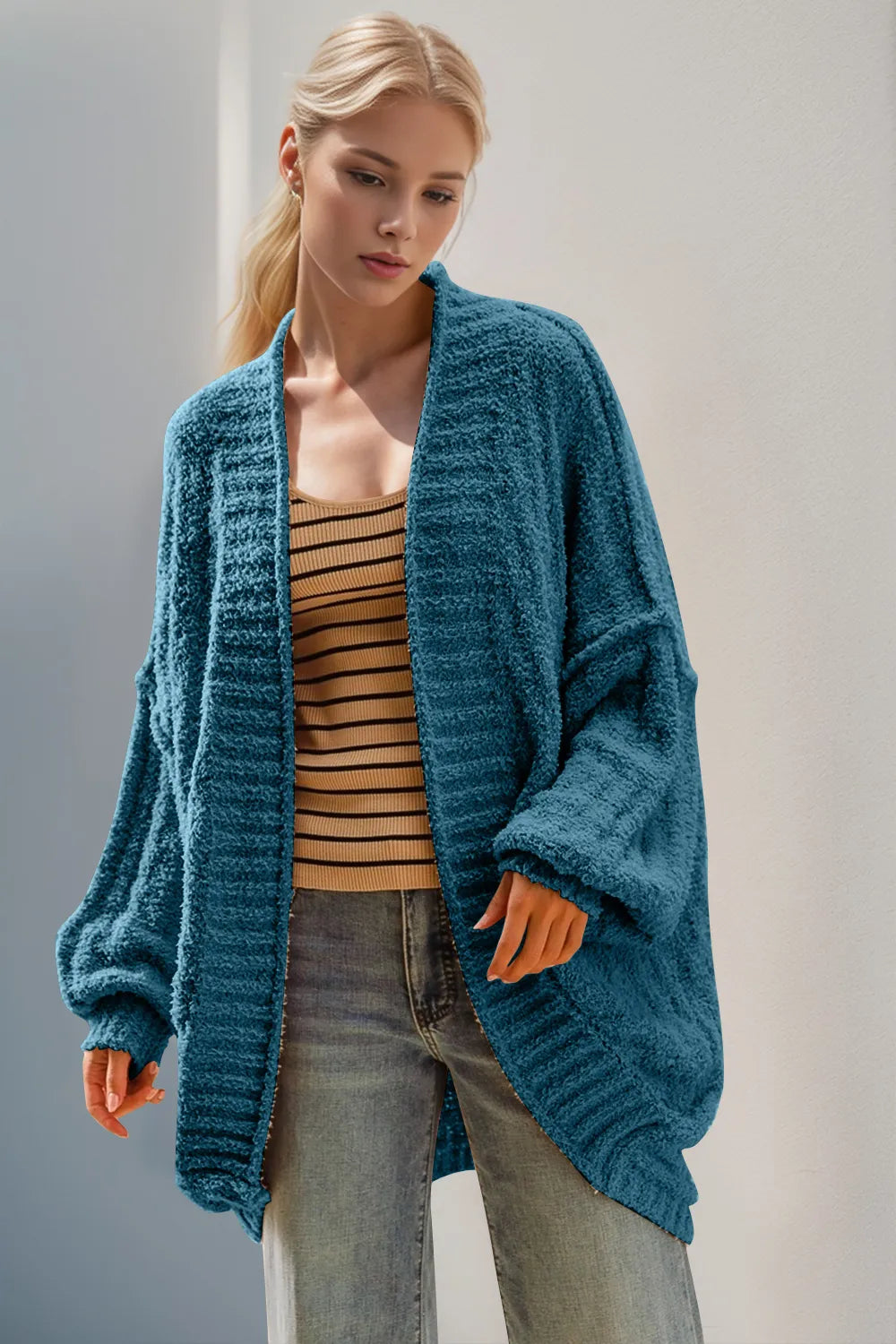 Trendsi full size long sleeve cardigan in teal with oversized fit and textured knit design
