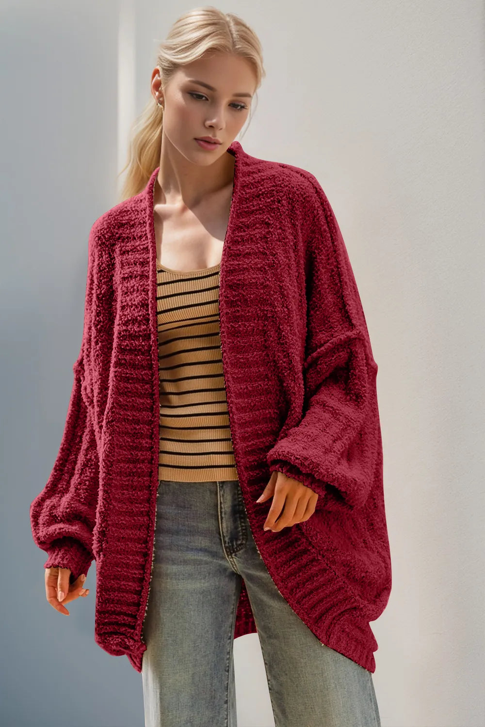 Trendsi full size long sleeve cardigan in burgundy with oversized fit for casual comfort