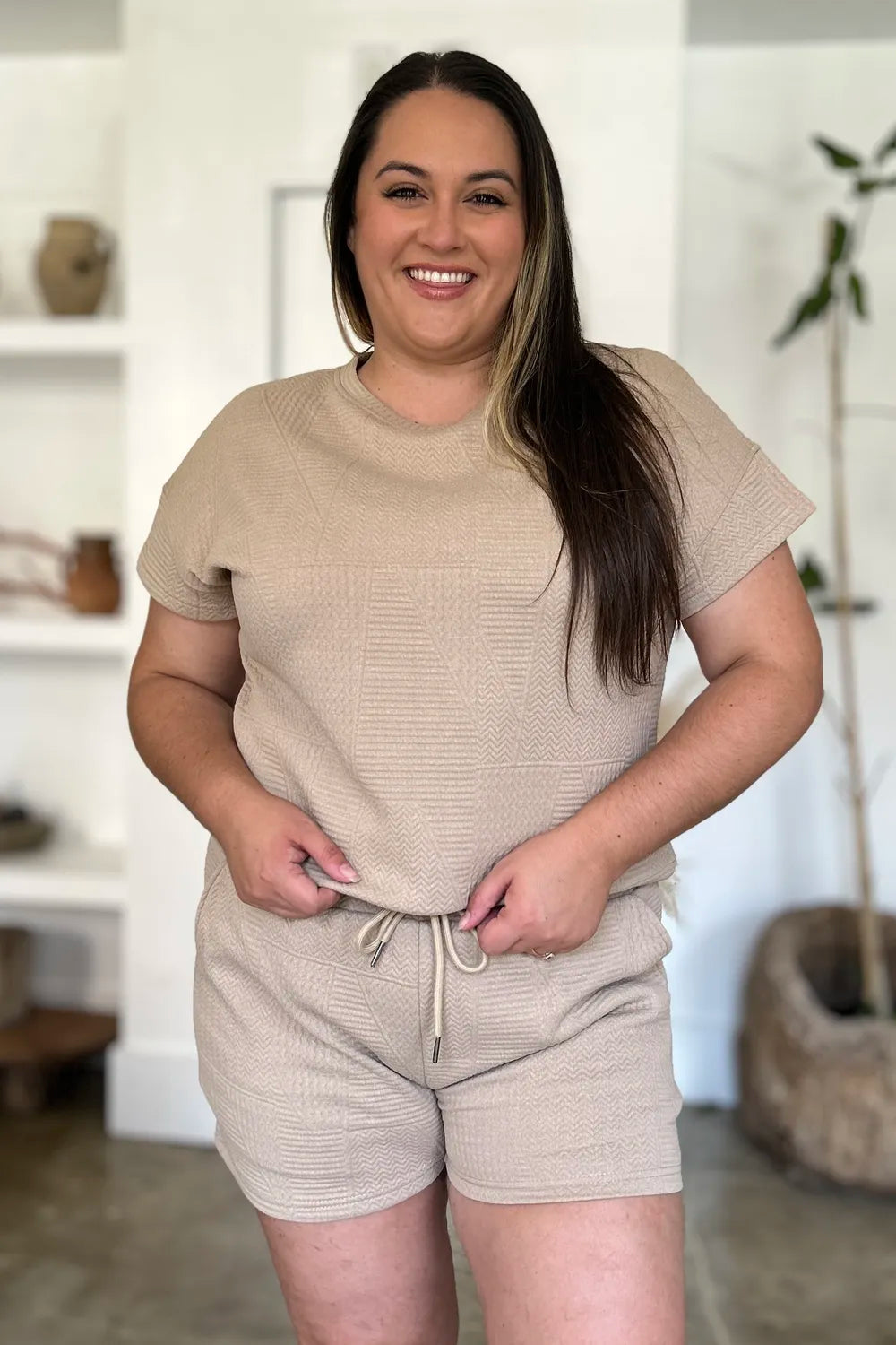 Trendsi full size textured short set in beige with a comfortable fit and adjustable drawstring waist
