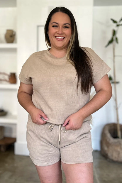Trendsi full size textured short set in beige with a comfortable fit and adjustable drawstring waist