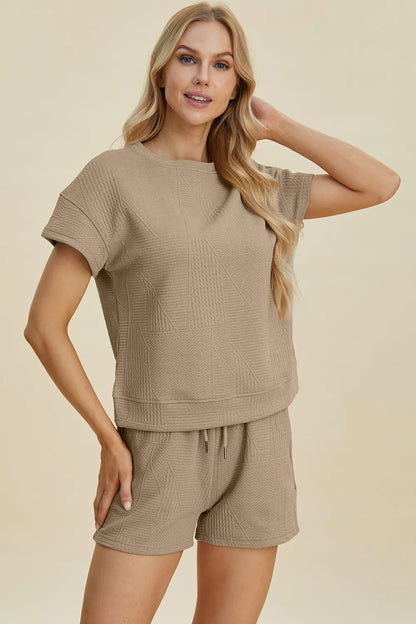 Trendsi full size textured short set in beige, featuring a cozy top and matching shorts for casual wear