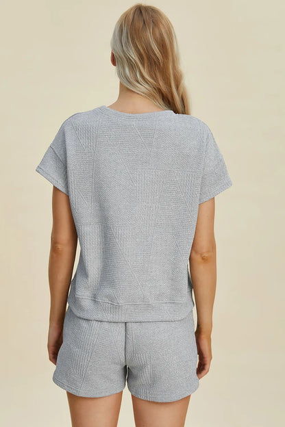 Trendsi full size textured short set in light gray with a stylish, relaxed fit for casual comfort