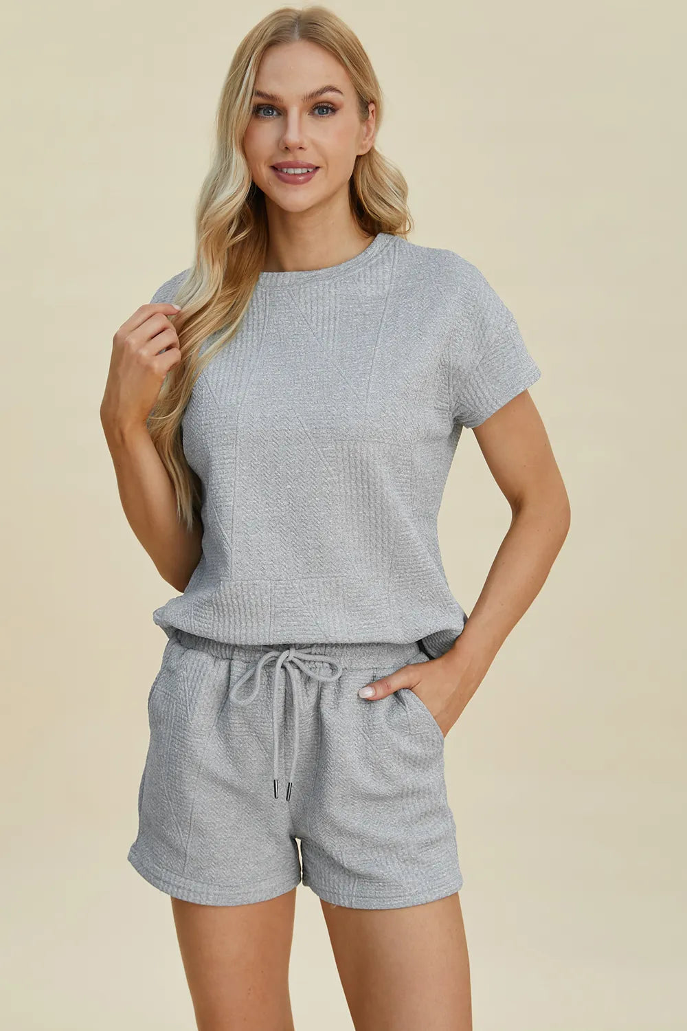 Trendsi Full size textured short set in gray with a soft top and comfortable shorts