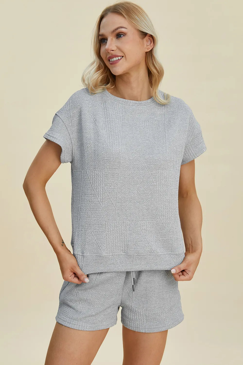 Trendsi full size textured short set in grey for comfortable and stylish casual wear