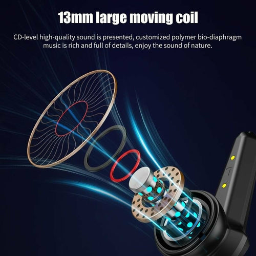 Detailed view of 13mm moving coil technology in wireless noise cancelling gaming earbuds for superior sound quality