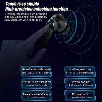 Close-up of wireless noise cancelling gaming earbuds showcasing touch controls and unlocking features