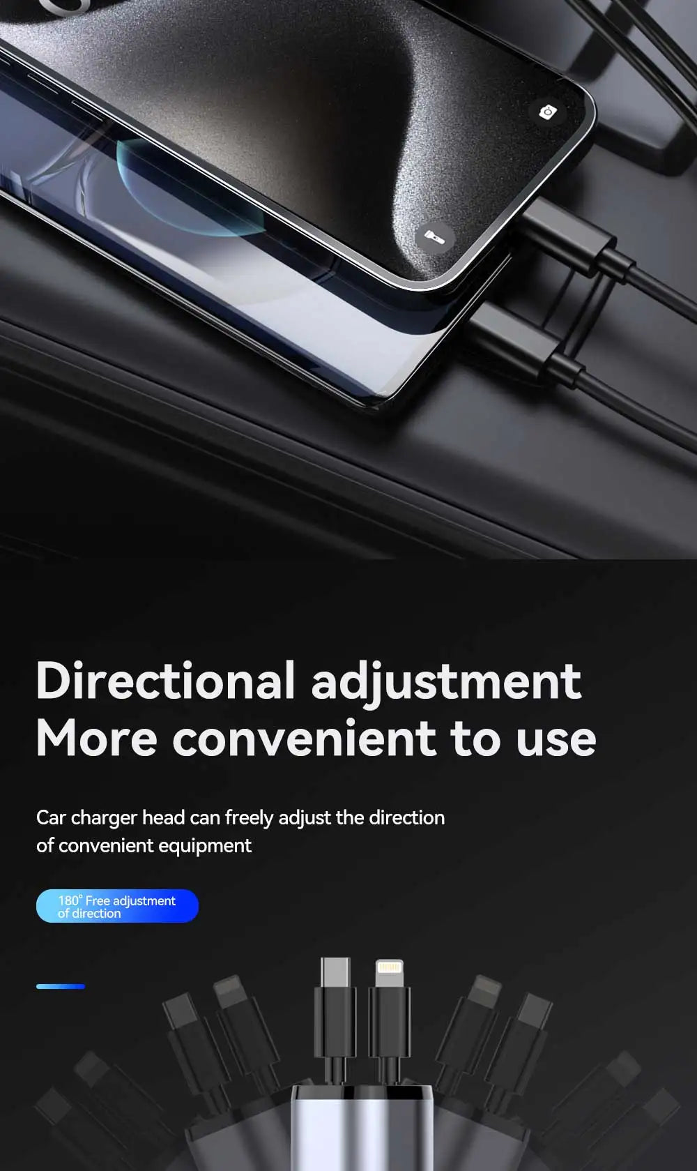 4 in 1 USB Type C car adapter with directional adjustment charging two smartphones simultaneously in car