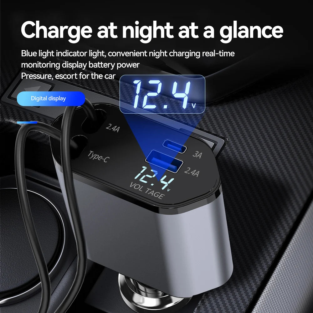 4 in 1 USB Type C car adapter with digital voltage display and multiple charging ports for car use