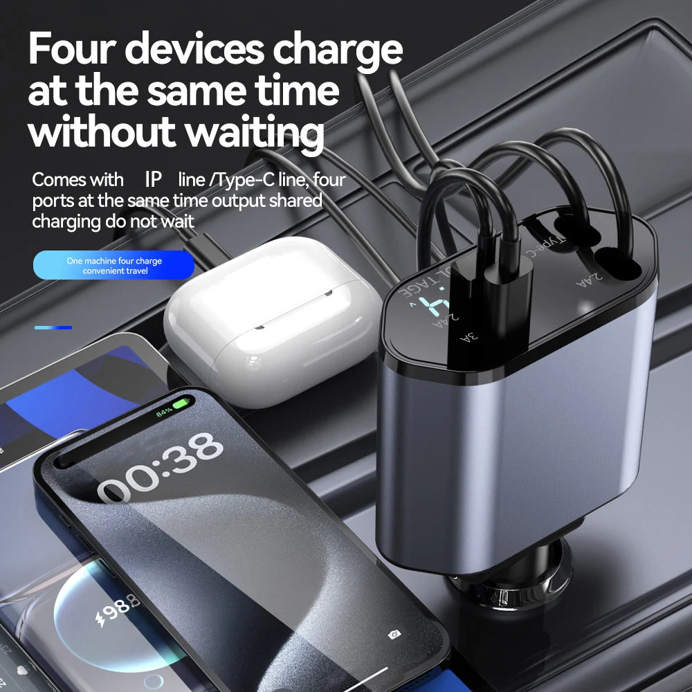 4 in 1 USB Type C car adapter charging four devices including smartphone and earbuds simultaneously