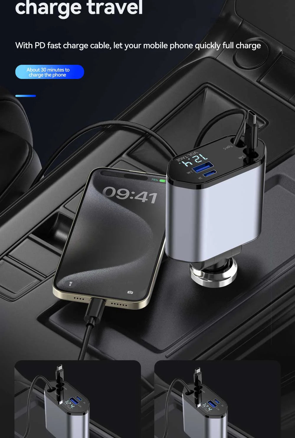 4 in 1 USB Type C car adapter fast charging smartphone connected in car console