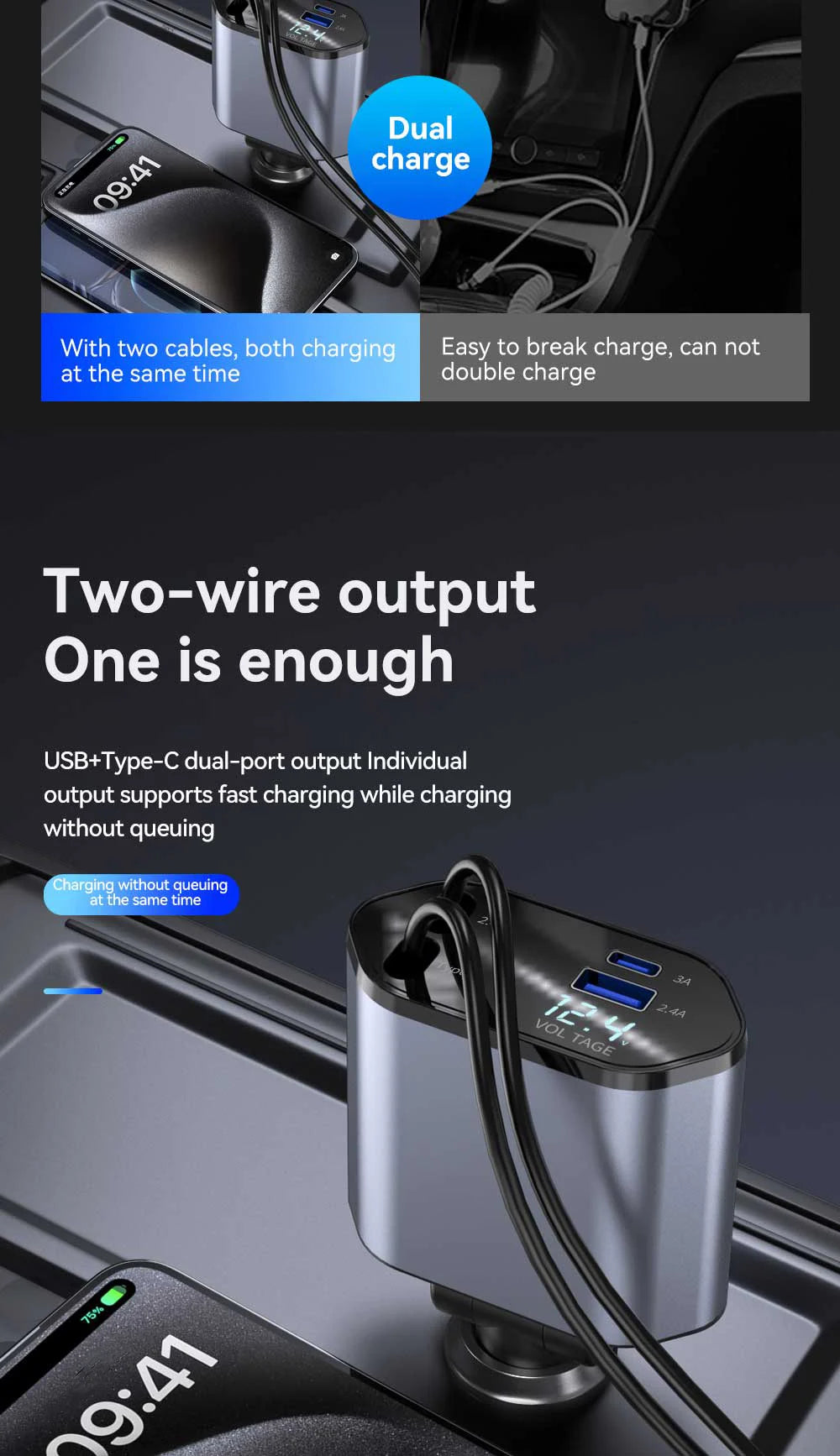4 in 1 USB Type C car adapter dual charging ports car charger for fast and efficient power