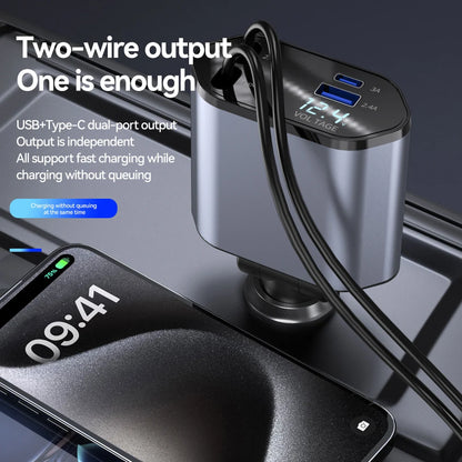 4 in 1 USB Type C car adapter with dual USB ports and voltage display charging two devices simultaneously