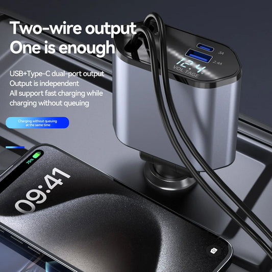 4 in 1 USB Type C car adapter with dual USB ports and voltage display charging two devices simultaneously
