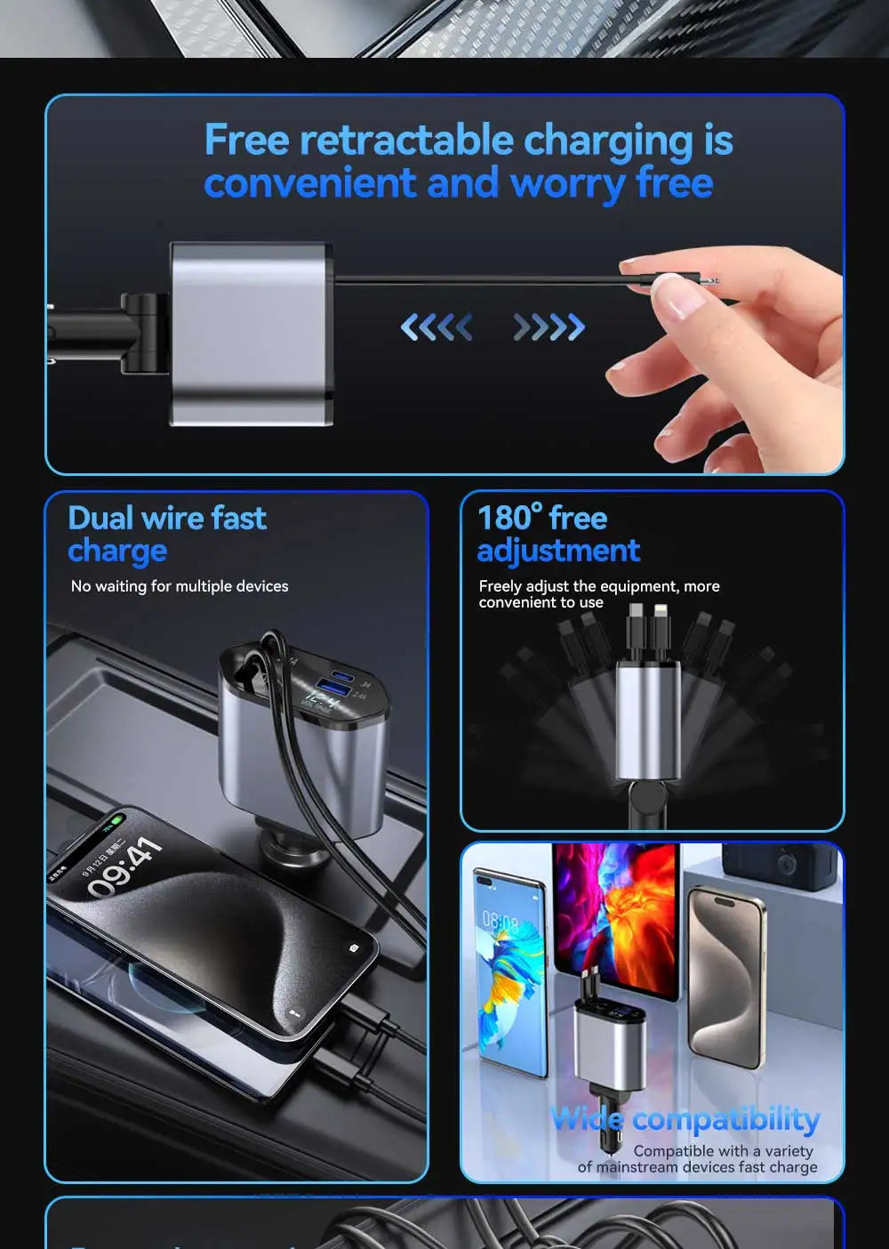 4 in 1 USB Type C car adapter with free retractable charging cable and 180 degree adjustment for multiple devices