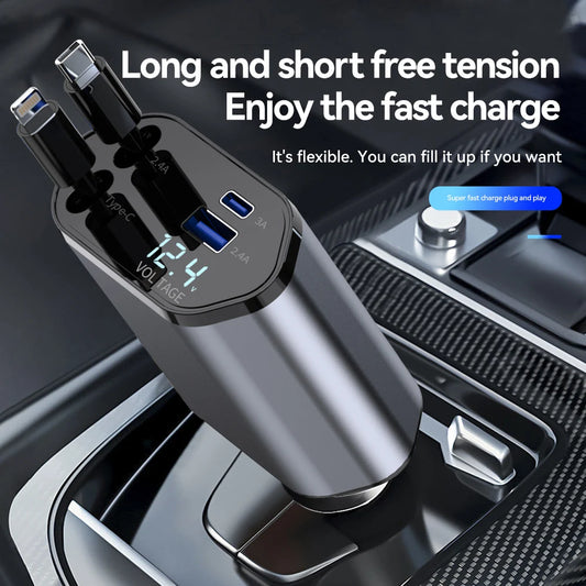 4 in 1 USB Type C car adapter with digital voltage display and multiple fast charging ports