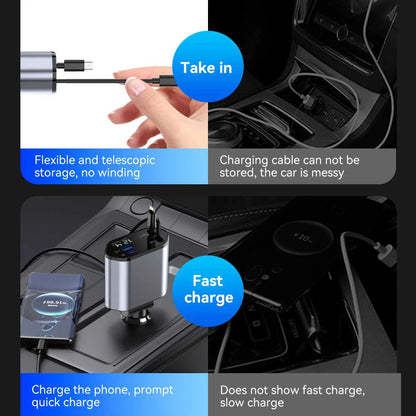 4 in 1 USB Type C car adapter with flexible telescopic storage and fast charge feature in car console