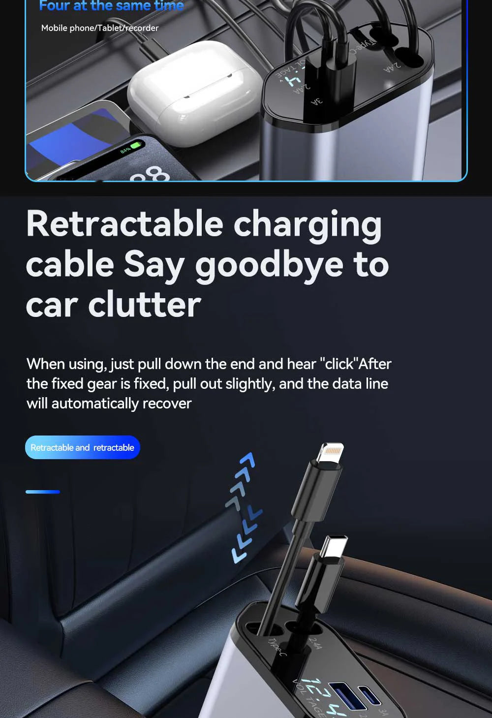 4 in 1 USB Type C car adapter with retractable charging cables powering multiple devices in car