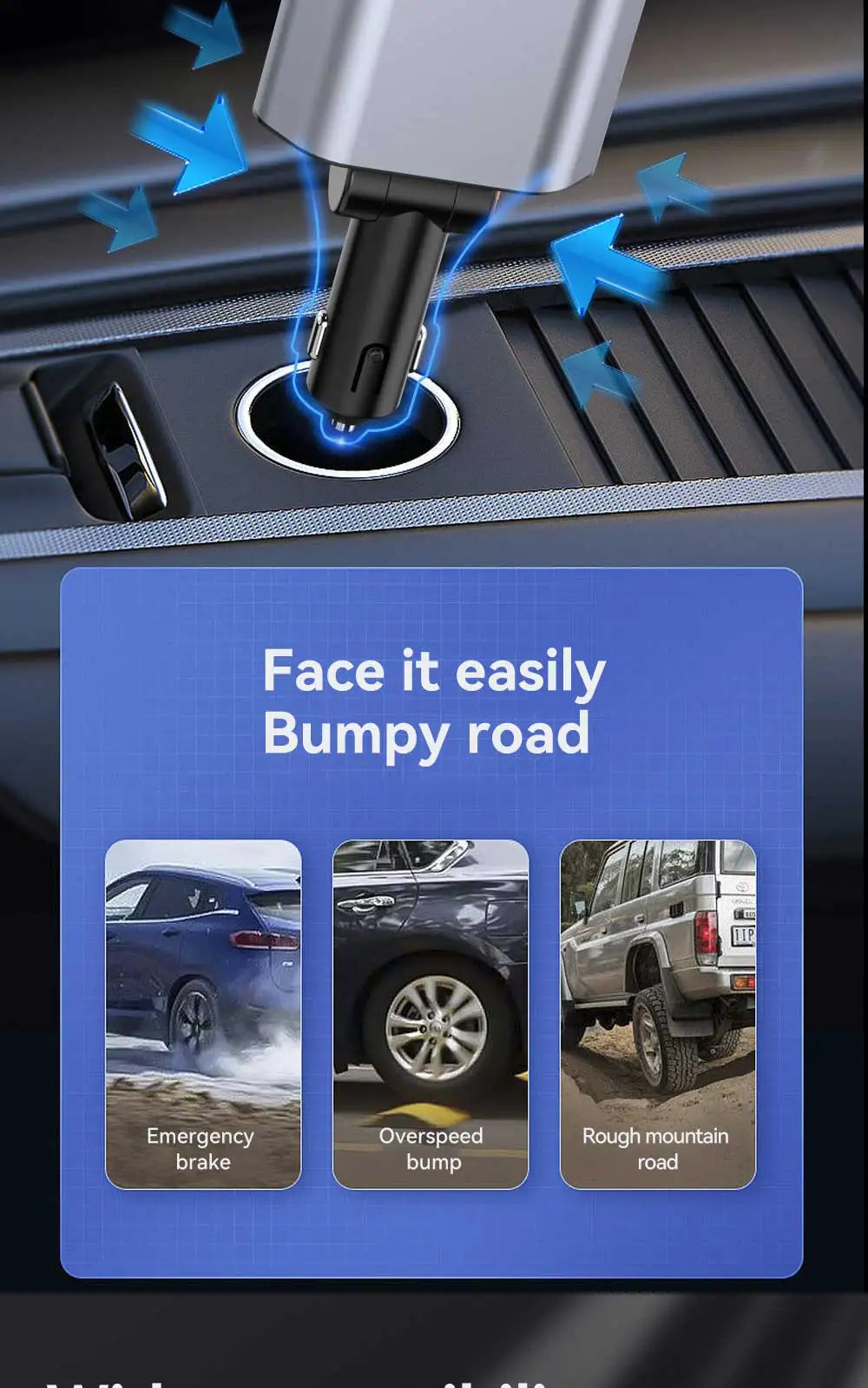 4 in 1 USB Type C car adapter plugged into car power outlet showing stability on bumpy roads