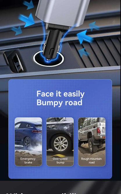 4 in 1 USB Type C car adapter plugged into car power outlet showing stability on bumpy roads
