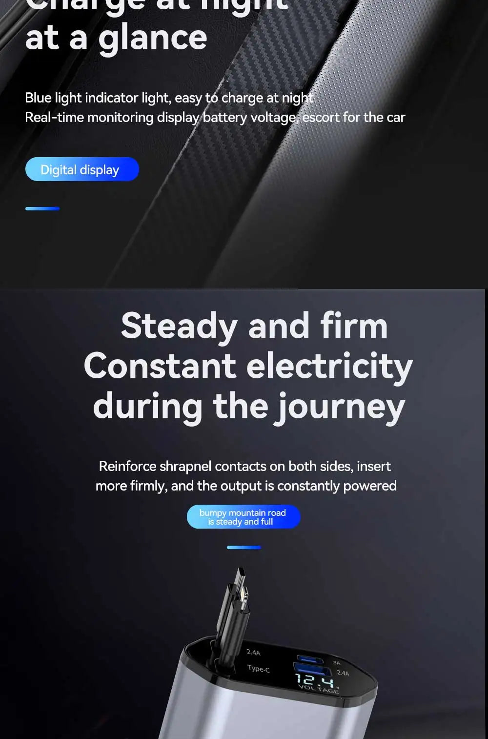 4 in 1 USB Type C car adapter with digital display and multiple charging ports for steady power