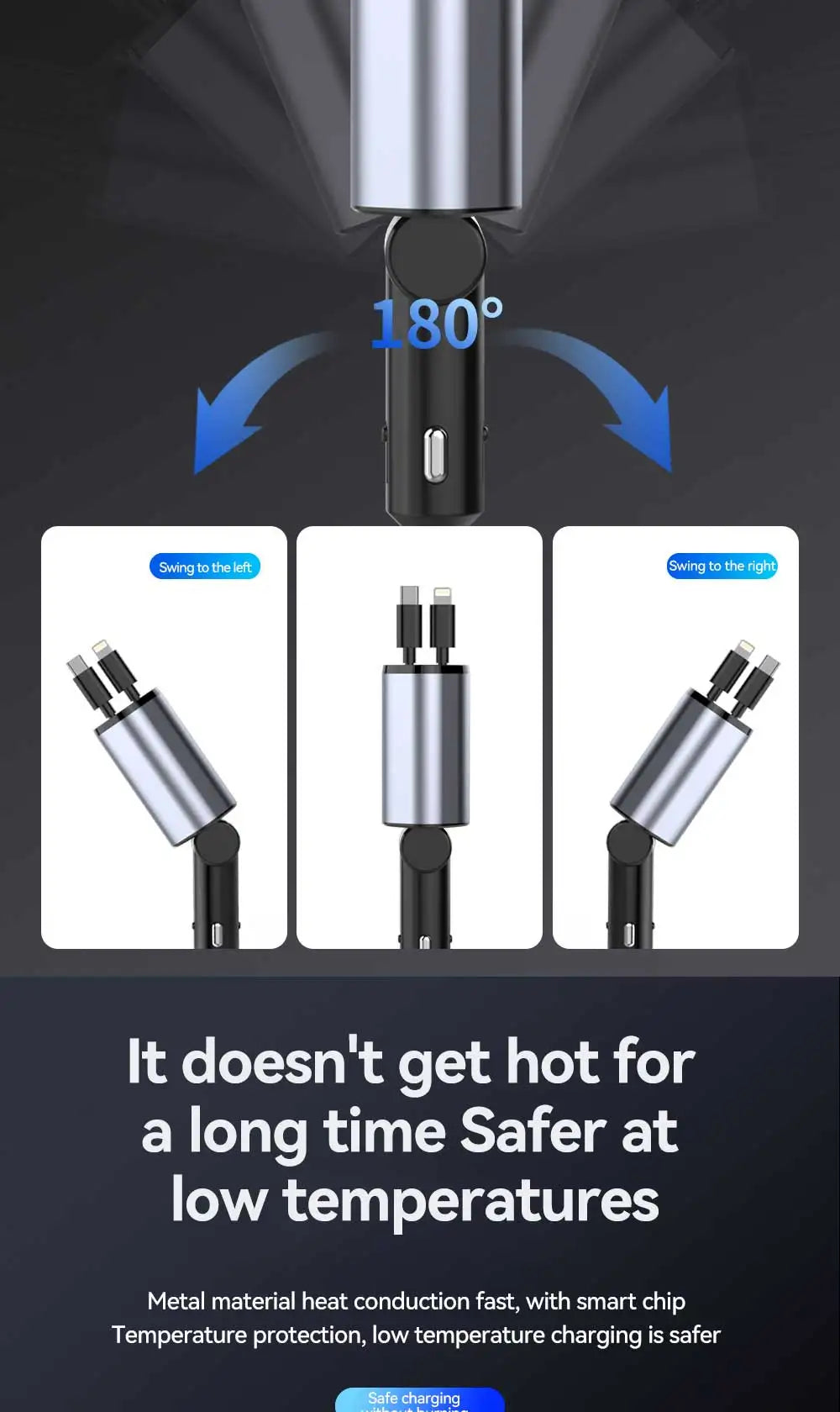 4 in 1 USB Type C car adapter with 180 degree swivel and temperature protection for safe charging
