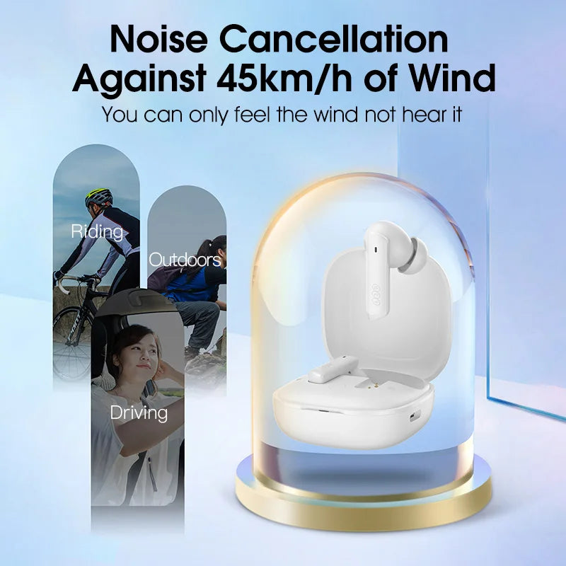 Shophouse Northwest white earbuds in open case under glass dome Bluetooth 5.2 noise cancelling earphone for outdoor use