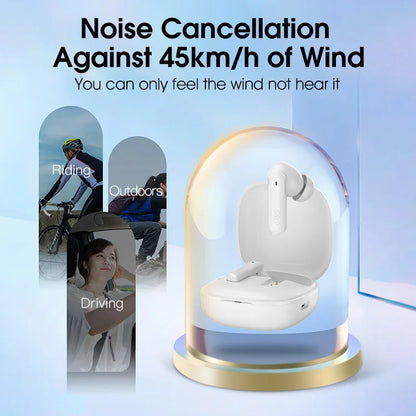 Shophouse Northwest white earbuds in open case under glass dome Bluetooth 5.2 noise cancelling earphone for outdoor use