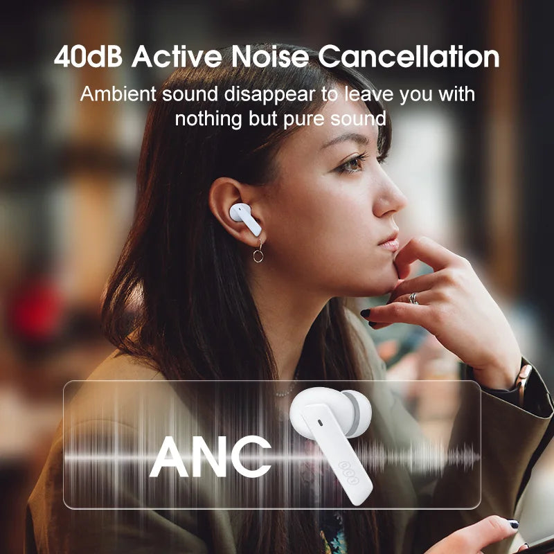 Shophouse Northwest white earbuds worn by woman showing 40dB active noise cancellation Bluetooth 5.2 noise cancelling earphone
