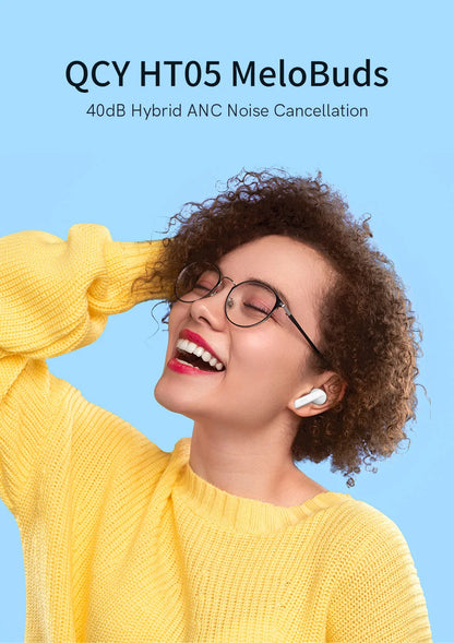 Shophouse Northwest QCY HT05 MeloBuds white earbuds worn by smiling woman Bluetooth 5.2 noise cancelling earphone