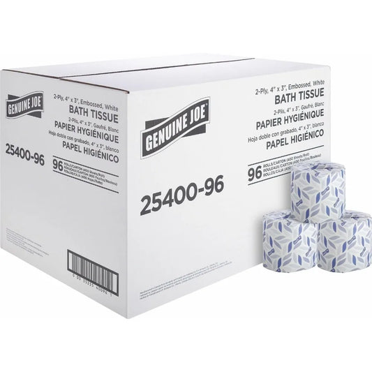 Shophouse Northwest Genuine Joe bulk bath tissue 2 ply 96 count white case with three patterned rolls