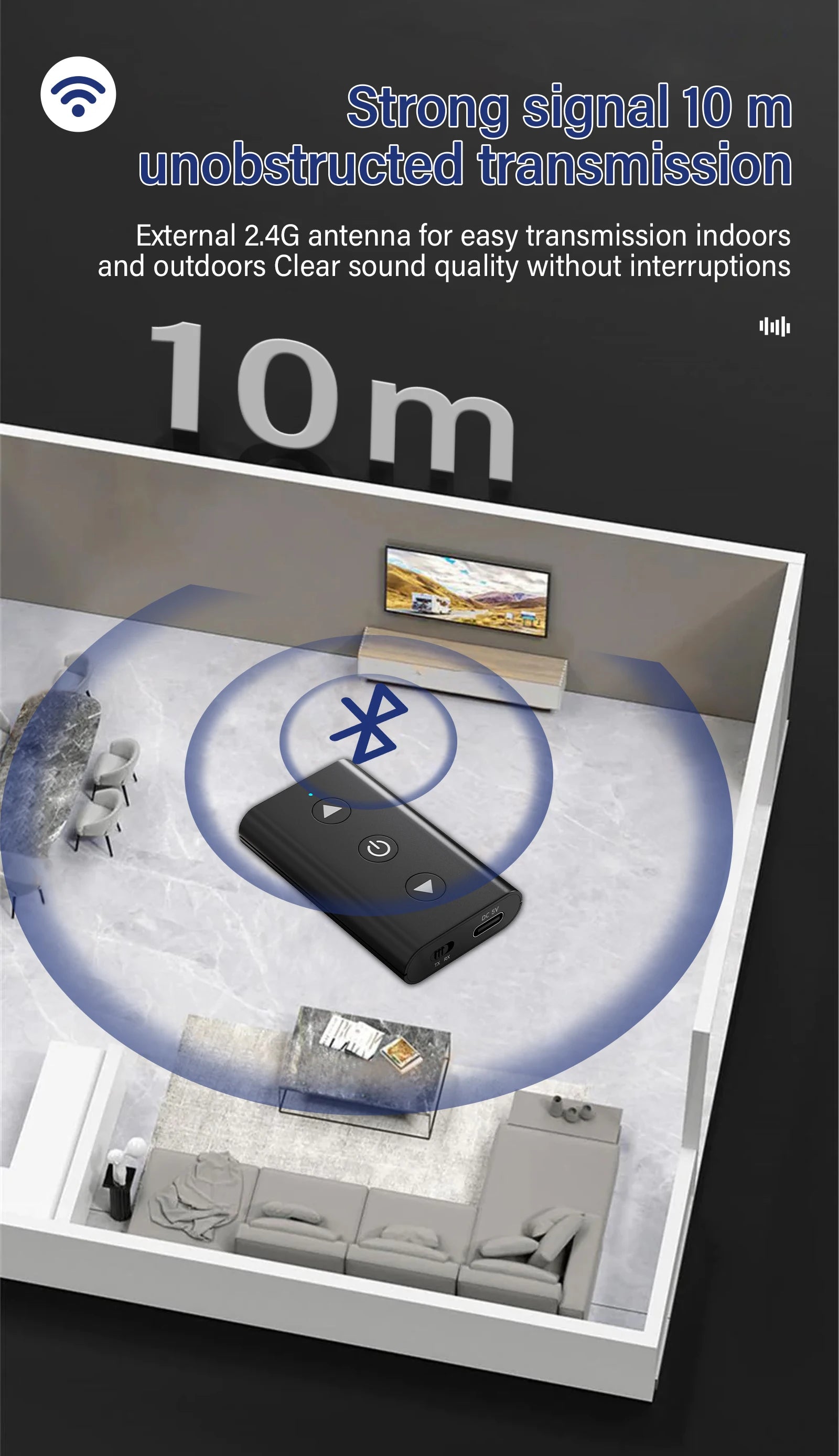 Shophouse Northwest portable wireless bluetooth audio adapter in living room showing 10m range to TV and sofa
