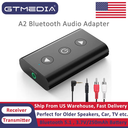 Shophouse Northwest portable wireless bluetooth audio adapter GTMEDIA A2 black receiver transmitter with aux and RCA cables