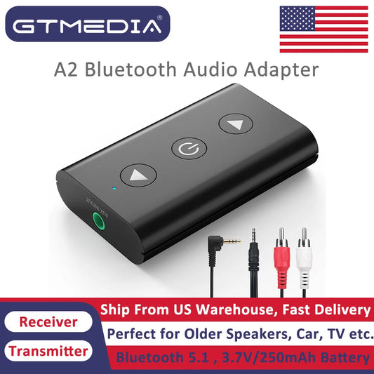 Shophouse Northwest portable wireless bluetooth audio adapter GTMEDIA A2 black receiver transmitter with aux and RCA cables