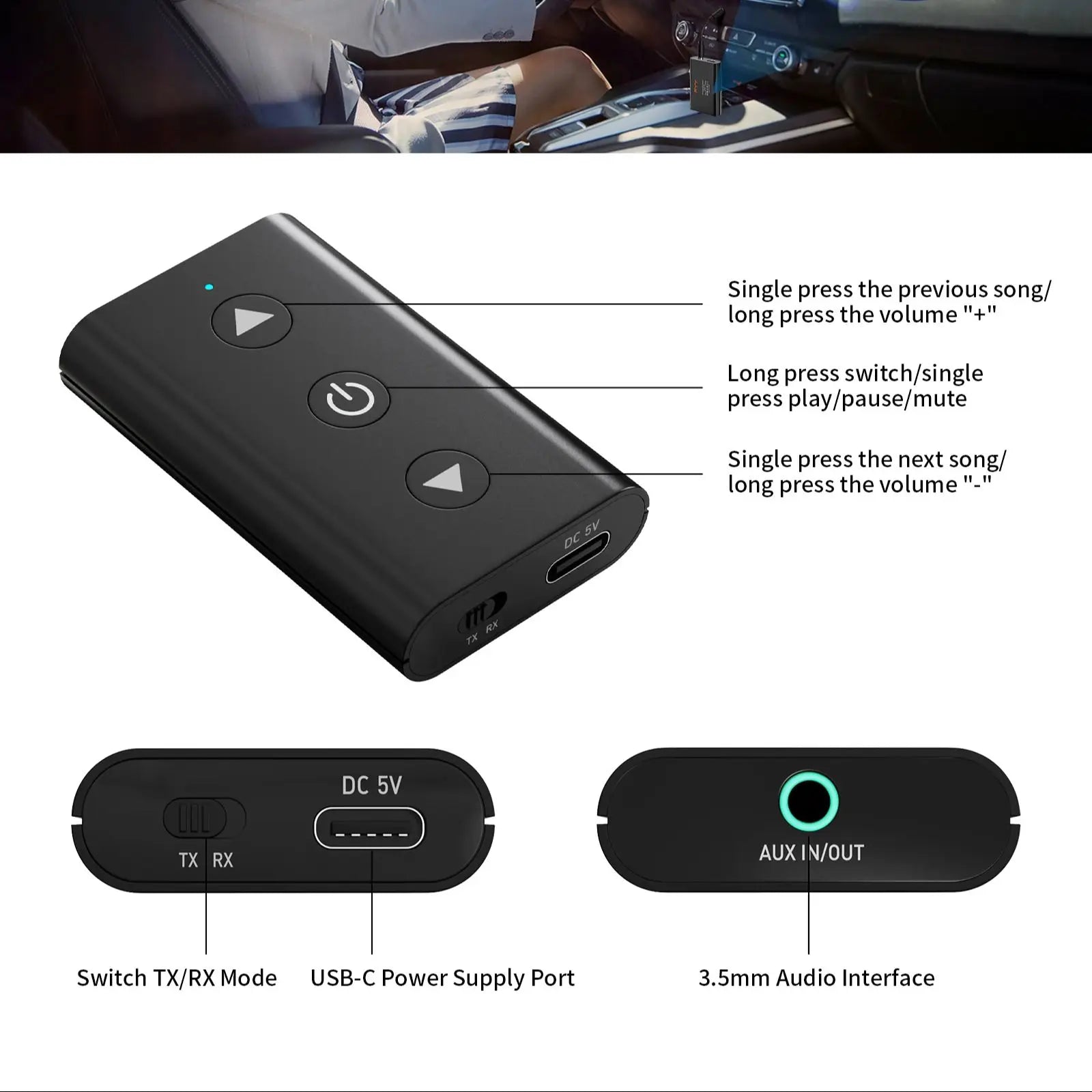 Shophouse Northwest portable wireless bluetooth audio adapter black with USB C port 3.5mm aux jack and control buttons