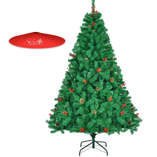 Shophouse Northwest 7ft artificial Christmas tree with pine cones red berries metal stand and red tree skirt